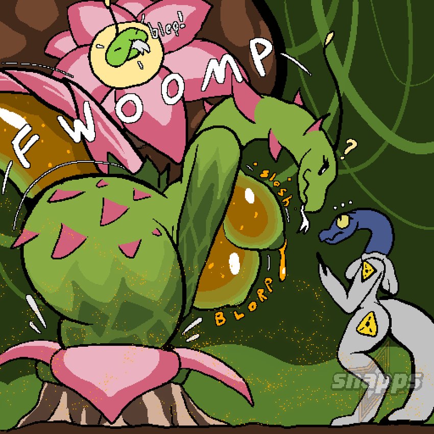 belly big_belly big_breasts big_butt big_tail bodily_fluids breasts butt duo female huge_belly huge_butt lactating onomatopoeia size_difference sloshing_belly sloshing_breasts sound_effects tail text wide_hips snapps hybrid plant_monster reptile scalie snake english_text signature