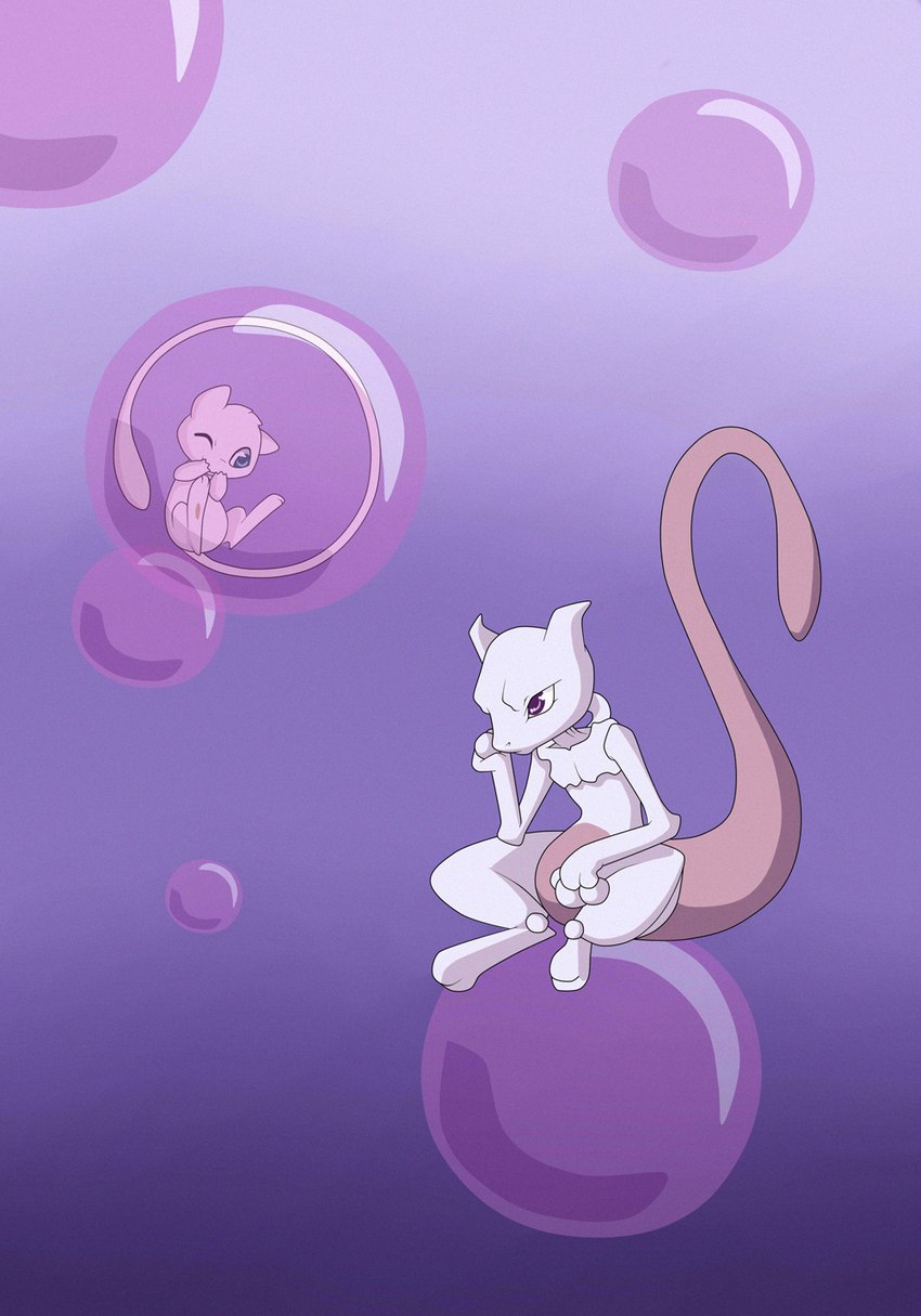 ambiguous_gender anthro bubble duo glistening glistening_eyes mouth_closed purple_body purple_eyes purple_tail simple_background sitting tail white_body young young_ambiguous young_anthro milk-jug nintendo pokemon generation_1_pokemon legendary_pokemon mew_(pokemon) mewtwo pokemon_(species) hi_res