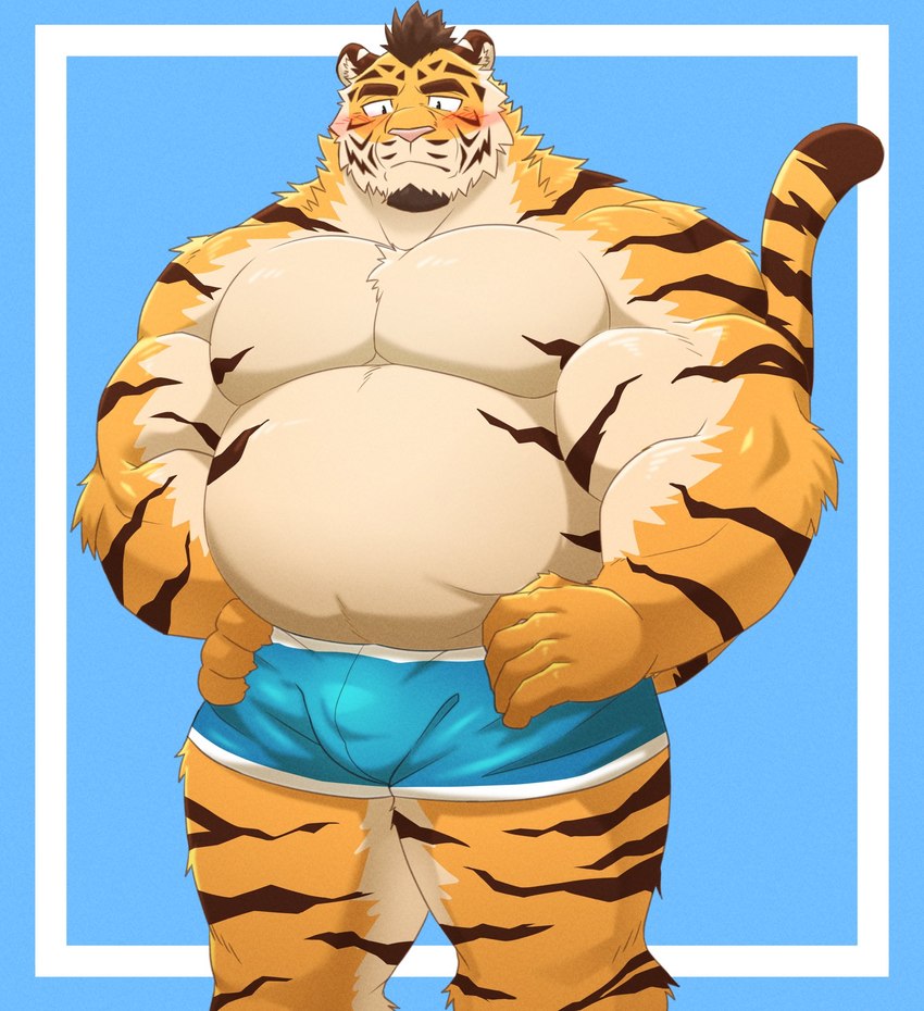 anthro belly big_belly blush bulge clothing humanoid_hands kemono male musclegut muscular overweight overweight_male pink_nose simple_background solo underwear shillon0610 felid mammal pantherine tiger 2022 hi_res