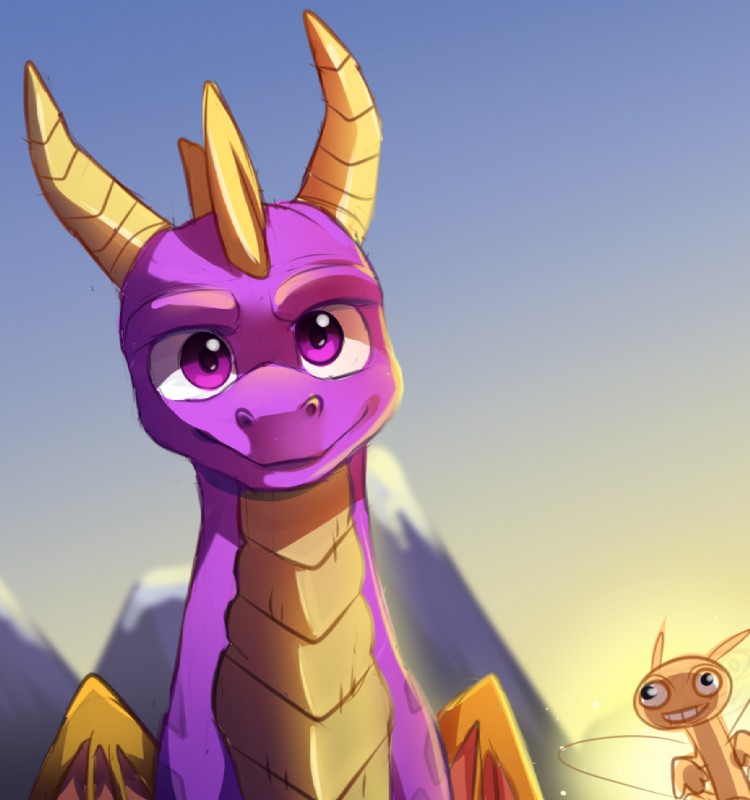 horn looking_at_viewer male mountain purple_eyes wings verawitch activision mythology spyro_the_dragon sparx spyro dragon mythological_creature mythological_scalie scalie 2018 digital_media_(artwork)