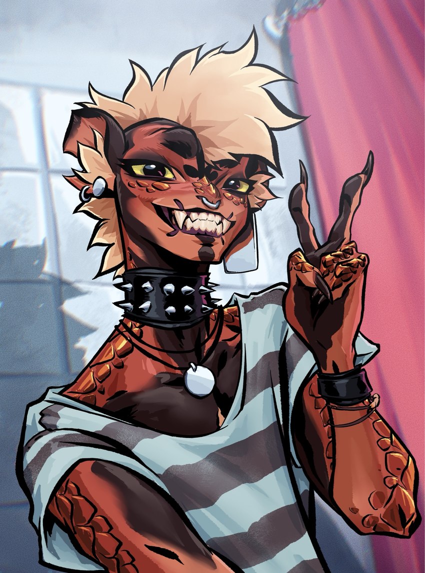 bathroom big_ears blonde_hair bracelet brown_markings claws clothing collar detailed_background ear_piercing facial_piercing fangs fingers gesture green_sclera hair hand_gesture inner_ear_fluff jewelry looking_at_viewer male markings necklace nose_piercing open_mouth orange_body orange_scales oversized_clothing pattern_clothing pattern_shirt pattern_topwear piercing scales shadow shirt shower_curtain smile smiling_at_viewer solo spiked_collar spikes striped_clothing striped_shirt striped_topwear stripes t-shirt teeth tile topwear tuft v_sign maxspite eli_(maxspite) chimera humanoid 2024 colored digital_media_(artwork) half-length_portrait hi_res portrait shaded