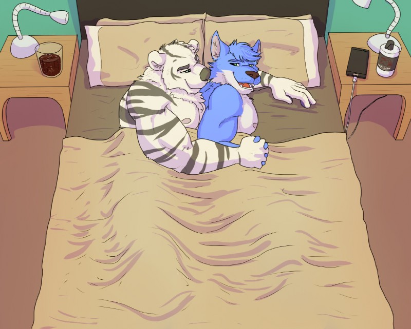 5_fingers anthro anthro_on_anthro bangs barazoku bed bed_covers bed_sheet bedding bedroom beverage bird's-eye_view black_body black_fur black_nose black_stripes blue_body blue_fur blue_hair cellphone cellphone_charger cheek_tuft clothing container countershade_face countershading cuddling cup detailed_background duo electronics eye_contact eyebrows facial_tuft fingers fur fur_tuft furniture green_eyes hair half-closed_eyes hand_holding happy head_tuft high-angle_view humanoid_hands inside interspecies lamp looking_at_another looking_at_partner lube lying male male/male multicolored_body multicolored_fur muscular muscular_male narrowed_eyes neck_tuft nightstand nipples nude on_bed on_side open_mouth open_smile phone pillow romantic romantic_couple side_view smile spooning striped_body striped_fur stripes tuft two_tone_body two_tone_fur under_covers white_body white_fur white_nipples wood fluffysnowmeow dave_huber huskin bear canid canine canis domestic_dog felid husky hybrid mammal nordic_sled_dog pantherine polar_bear spitz tiger ursine 2017 cel_shading digital_media_(artwork) shaded