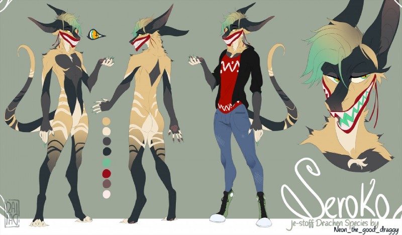 butt clothed clothing ears_down fluffy fur long_ears long_tail looking_at_viewer male nude open_mouth pivoted_ears sharp_teeth solo tail teeth tongue yellow_body yellow_eyes yellow_fur dai.dai neon_the_good_draggy je-stoff_drachen