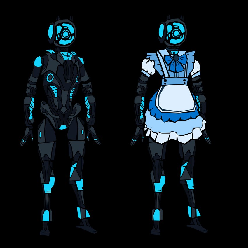 ambiguous_gender anthro black_body blue_markings bow_tie clothing machine maid_uniform male markings simple_background solo standing transparent_background uniform shoot_(sh) doom_(series) id_software microsoft vega humanoid robot robot_humanoid 1:1 absurd_res alpha_channel black_and_blue hi_res monochrome