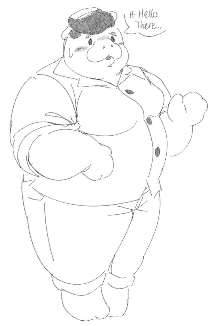 anthro blush bodily_fluids bottomwear clothing dialogue male moobs overweight overweight_male pants shirt solo sweat text topwear anommyself animal_crossing nintendo wardell_(animal_crossing) mammal manatee marine sirenian 2022 english_text hi_res monochrome