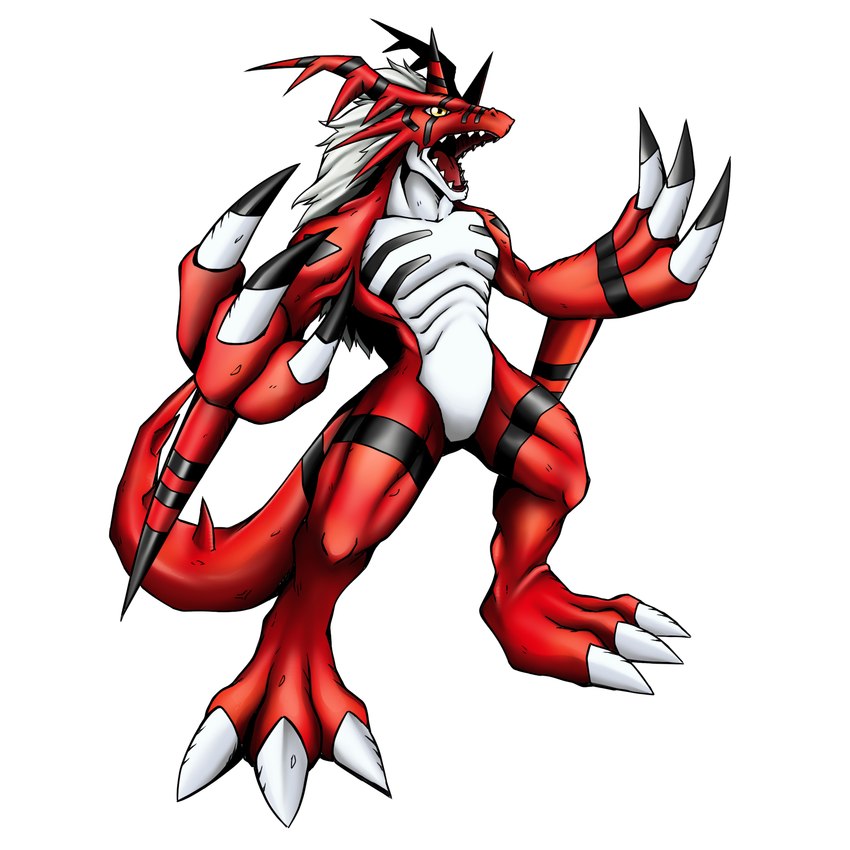 3_claws anthro arm_spikes bared_teeth belly black_markings claws elbow_spikes featureless_crotch hair horn long_claws long_hair male markings muscular muscular_male nude open_mouth red_body simple_background solo spikes spikes_(anatomy) tail_spines tongue white_background white_belly white_hair yellow_eyes jedigimon bandai_namco digimon mythology digimon_(species) dragon growlmon growlmon_x mythological_creature mythological_scalie reptile scalie x-digimon 1:1 hi_res