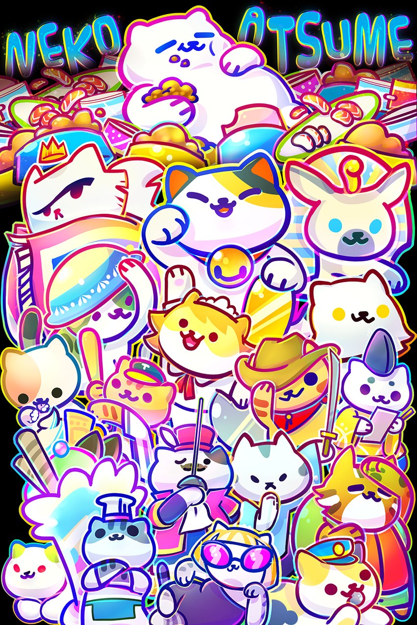 anthro asian_clothing bell bell_collar biped blonde_hair blue_eyes chef_hat chibi clothed clothing collar cowboy_hat crown dessert east_asian_clothing egyptian egyptian_clothing egyptian_headdress eyes_closed eyewear female food group hair hat headgear headwear holding_baseball_bat holding_katana holding_melee_weapon holding_object holding_sword holding_weapon ice_cream katana male melee_weapon one_eye_closed open_mouth open_smile smile sunglasses sushi sword tail weapon yellow_eyes kittykatmaniac cc-by-nc-nd creative_commons maneki-neko neko_atsume billy_the_kitten bob_the_cat_(neko_atsume) chairman_meow_(neko_atsume) conductor_whiskers frosty_(neko_atsume) guy_furry_(neko_atsume) joe_dimeowgio kathmandu_(neko_atsume) lady_meow-meow mr._meowgi ms._fortune_(neko_atsume) ramses_the_great_(neko_atsume) saint_purrtrick sassy_fran senor_don_gato tubbs_(neko_atsume) xerxes_ix calico_cat domestic_cat felid feline felis mammal 2:3 hi_res
