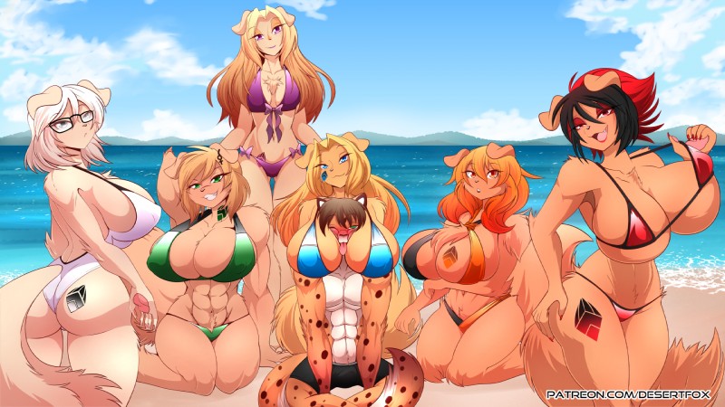 abs anthro beach between_breasts big_breasts big_butt bikini breasts butt clothing eyewear female glasses group male muscular muscular_female muscular_male seaside swimwear two-piece_swimsuit sagestrike2 amber_(sagestrike2) crystal_(sagestrike2) jade_(sagestrike2) opal_(sagestrike2) ruby_(sagestrike2) sapphire_(sagestrike2) bird_dog canid canine canis domestic_dog felid feline golden_retriever hunting_dog mammal retriever 16:9 hi_res widescreen