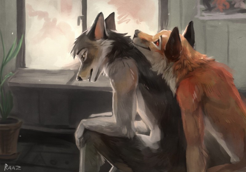 anthro black_body black_fur detailed_background duo fur grey_body grey_fur inside intimate looking_back male male/male nude orange_body orange_eyes orange_fur plant plant_pot potted_plant romantic romantic_couple side_view sitting smile white_body white_fur window window_seat raaz canid canine canis coyote fox mammal red_fox true_fox wolf 2016 digital_media_(artwork) digital_painting_(artwork) paint_tool_sai_(artwork) painting_(artwork) portrait three-quarter_portrait