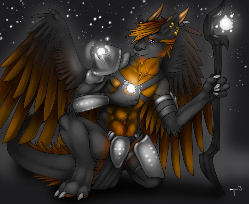 anthro armor biceps black_body black_fur blue_eyes brown_hair claws digitigrade ear_piercing feathered_wings feathers feet fur glowing hair hindpaw horn jewelry looking_at_viewer male melee_weapon muscular muscular_anthro muscular_male orange_hair paws piercing polearm simple_background solo staff star tail weapon wings yellow_horn conditional_dnp tojo_the_thief mythology sandalf dragon feathered_dragon feathered_scalie furred_dragon furred_scalie mythological_creature mythological_scalie northern_dragon scalie