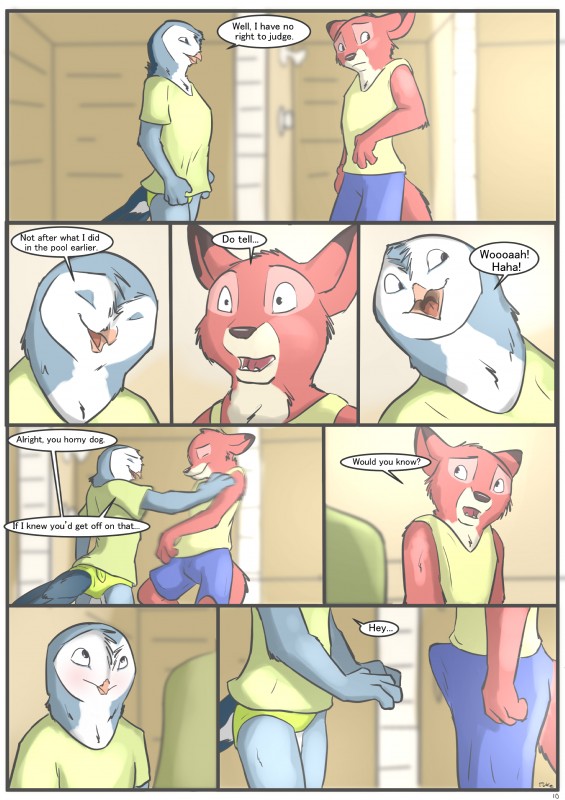 anthro beak bulge clothed clothing detailed_bulge dialogue duo genital_outline laugh male penis_outline shirt shower_room slim smile swimming_trunks swimwear t-shirt tank_top tenting text topwear tuke casey_(tuke) graham_(tuke) avian bird canid canine fox mammal owl absurd_res comic english_text hi_res