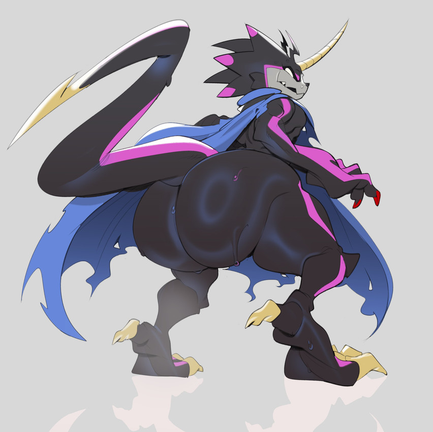 anthro belt big_butt black_body black_sclera bodily_fluids bubble_butt butt cape claws clothing glowing glowing_eyes horn male nude simple_background solo stinger_tail sweat tail thick_thighs toe_claws wide_hips submarine_screw bandai_namco digimon digimon_ghost_game digimon_(species) gulusgammamon scalie absurd_res hi_res