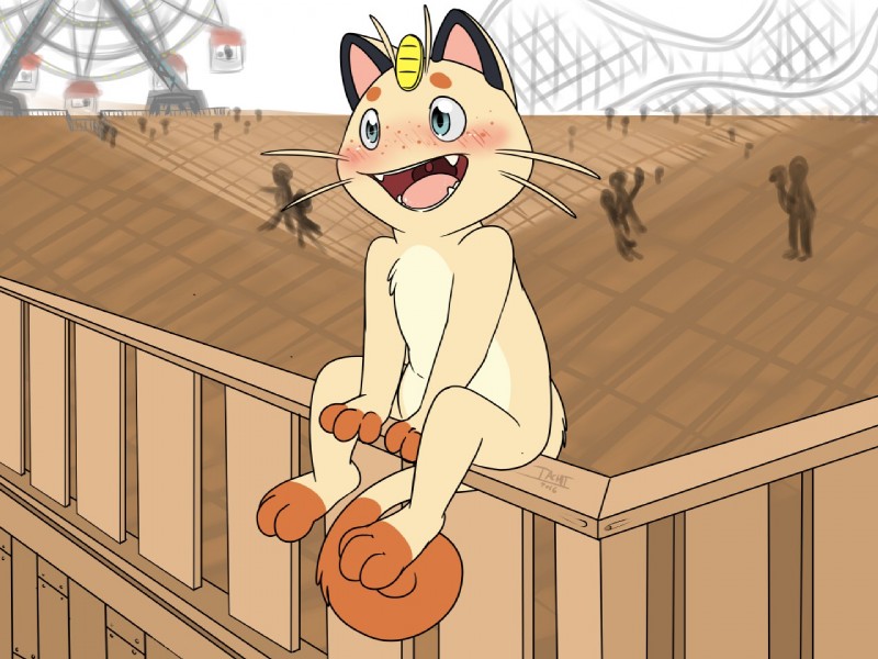 amusement_park anthro biped blush eyes_closed featureless_crotch freckles male nude open_mouth outside silhouette sitting smile solo uvula whiskers benji_(artist) nintendo pokemon fan_character tachi_(kaptcha) felid generation_1_pokemon mammal meowth pokemon_(species) 4:3 flat_colors signature