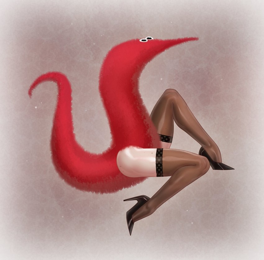 abstract_background anthro clothing female footwear fur fuzzy googly_eyes high_heels legwear red_body red_fur shoes simple_background solo stockings thigh_highs derek_hetrick squirmles carol_pink_(viscerart) animate_inanimate living_toy mammal squirmle 2021 hi_res