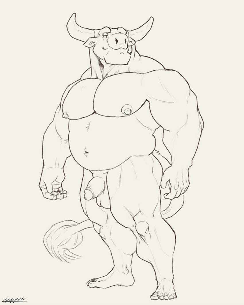 anthro balls belly biceps butt feet flaccid genitals horn male musclegut muscular muscular_anthro muscular_male nipples pecs penis slightly_chubby slightly_chubby_male solo papyreit bovid bovine cattle mammal 4:5 hi_res