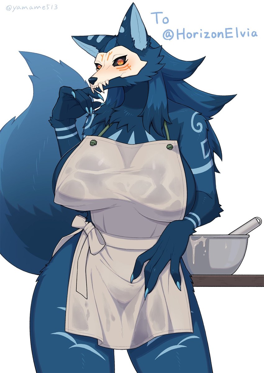 anthro apron apron_only bone breasts claws clothing cooking female female_anthro mask mostly_nude side_boob skull skull_mask solo standing wide_hips yamame513 elvia abyssal_wolf canid canine canis mammal wolf hi_res portrait three-quarter_portrait