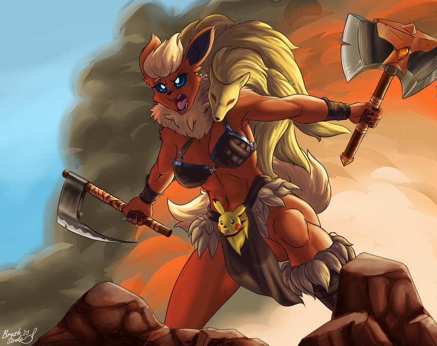 anthro armor axe barbarian big_breasts bikini_armor biped black_nose blonde_hair bottomwear breasts cheek_tuft clothed clothing double_bitted_axe dual_wielding eyebrows facial_tuft female front_view hair holding_axe holding_object holding_weapon labrys loincloth midriff muscular muscular_female navel neck_tuft open_mouth orange_body outside solo standing teeth tongue tuft unconvincing_armor weapon yelling brushstroke nintendo pokemon eeveelution flareon generation_1_pokemon ninetales pikachu pokemon_(species) 2023 hi_res