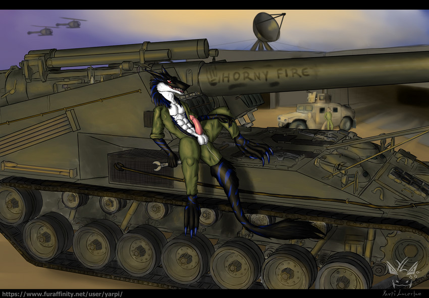 abs anthro artillery balls bedroom_eyes black_bars black_body black_fur blue_stripes desert duo evil_grin fur genitals male military narrowed_eyes penis pink_penis pose ranged_weapon red_eyes seductive smile solo_focus spread_legs spreading stripes tail tank teeth text vehicle weapon yarpi kamiru_the_sergal sergal 2020 letterbox pinup url