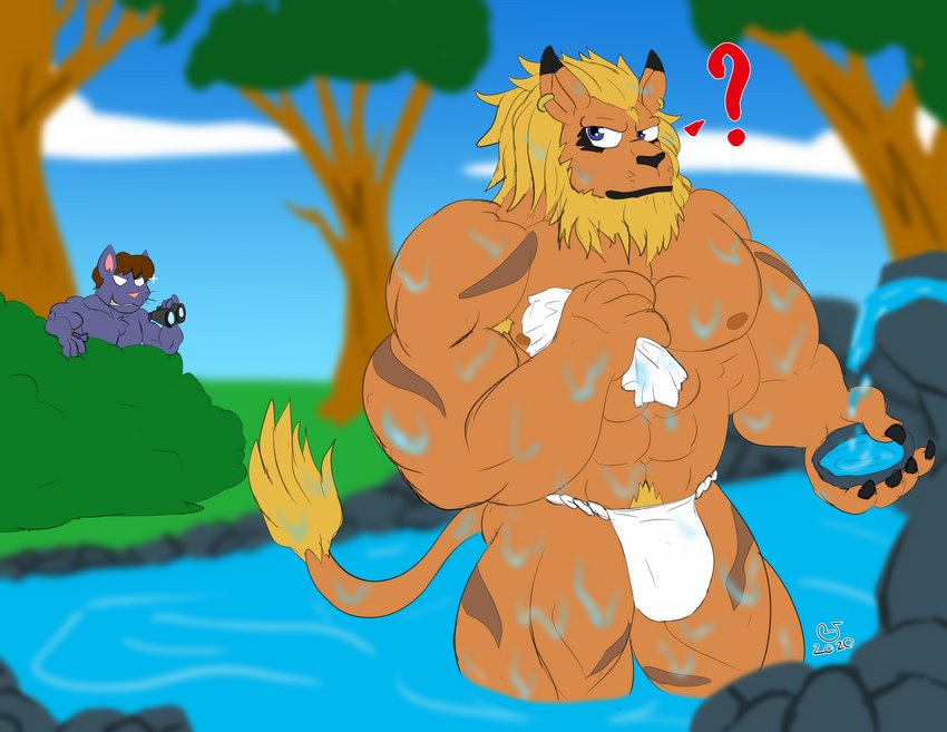 abs anthro asian_clothing bathing clothing duo east_asian_clothing fundoshi japanese_clothing male muscular towel underwear voyeur caseyljones bandai_namco digimon digimon_(species) felid feline leomon mammal hi_res