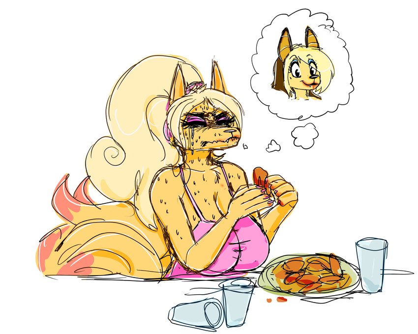 anthro biped bodily_fluids breasts cleavage clothed clothing crying duo eating eyes_closed eyeshadow female food glass hair long_hair makeup plate skimpy spicy_food sweat sweating_profusely tears thought_bubble herro dripdry milftails_(herro) canid canine canis jackal mammal 2023 absurd_res hi_res