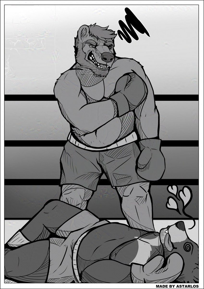 anthro belly big_belly big_breasts boxing boxing_gloves boxing_shorts breasts clothed clothing duo fighting_ring fur hair handwear male male/male muscular overweight overweight_male simple_background sport teeth astarlos bear black_bear brown_bear grizzly_bear mammal moon_bear ursine absurd_res digital_drawing_(artwork) digital_media_(artwork) greyscale hi_res monochrome