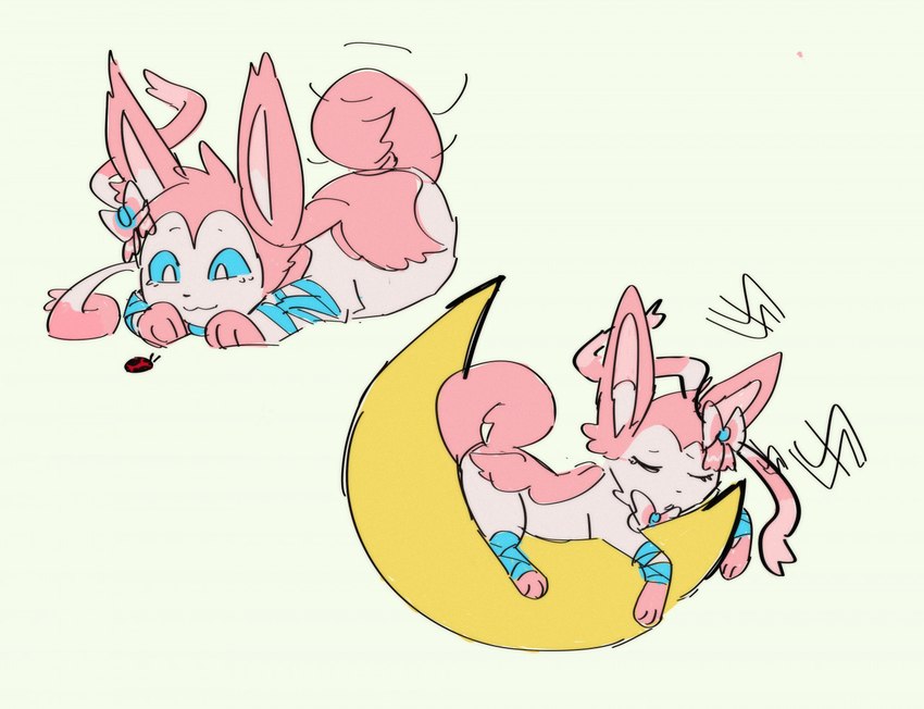 ambiguous_gender duo feral fur moon pink_body pink_fur sleeping smile bloowolfy nintendo pokemon valentine_(bloowolfy) arthropod beetle cucujoid eeveelution generation_6_pokemon insect ladybug pokemon_(species) sylveon