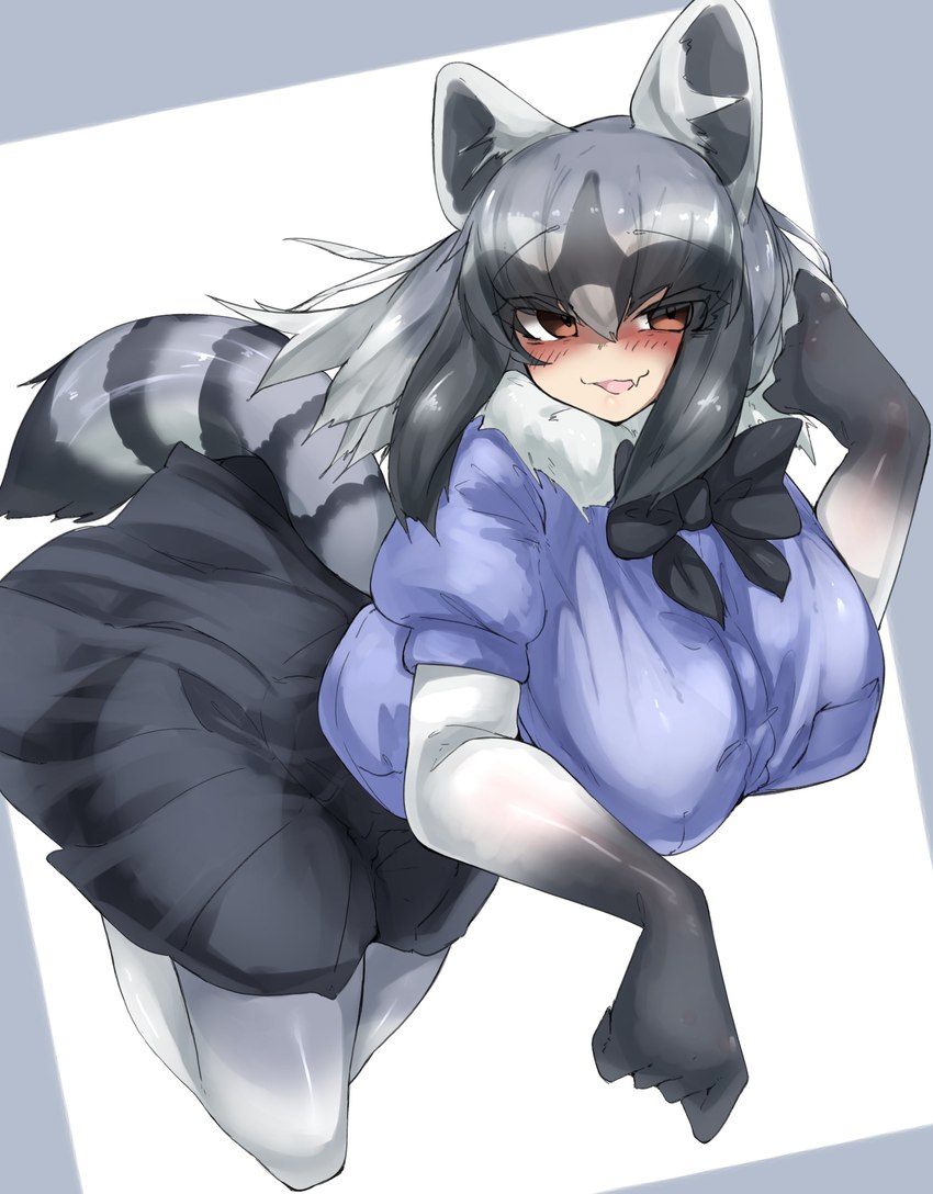 big_breasts blush bottomwear bow_tie breasts brown_eyes clothed clothing dipstick_tail fangs female fur_collar gloves handwear huge_breasts legwear markings open_mouth pantyhose paw_pose pose shirt skirt solo striped_markings striped_tail stripes tail tail_markings teeth topwear urisaba kemono_friends arai-san animal_humanoid humanoid mammal mammal_humanoid procyonid procyonid_humanoid raccoon_humanoid absurd_res hi_res