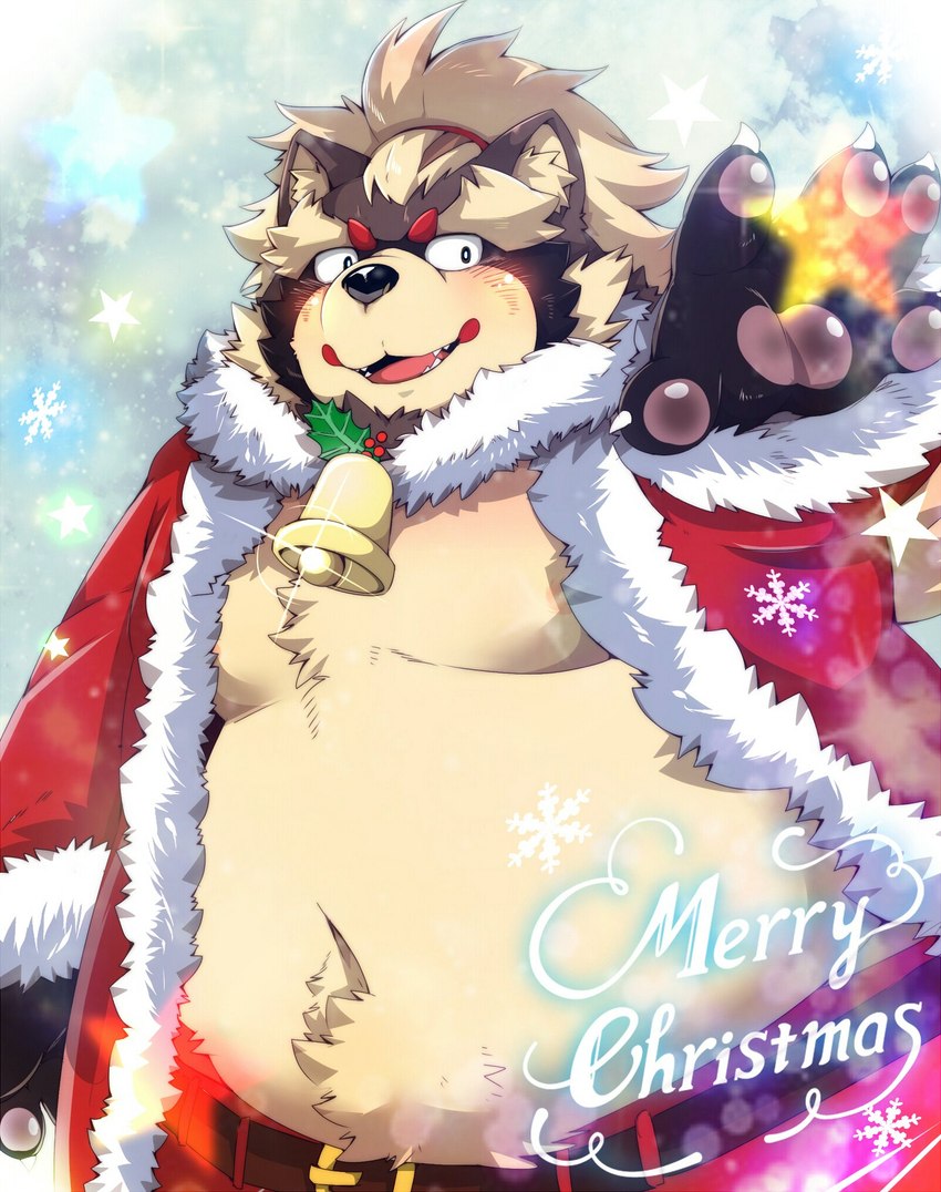 anthro belly brown_body brown_fur clothing costume fur humanoid_hands kemono male moobs overweight overweight_male santa_costume solo tsurugi lifewonders tokyo_afterschool_summoners goemon_(tas) canid canine mammal raccoon_dog tanuki 2021 hi_res