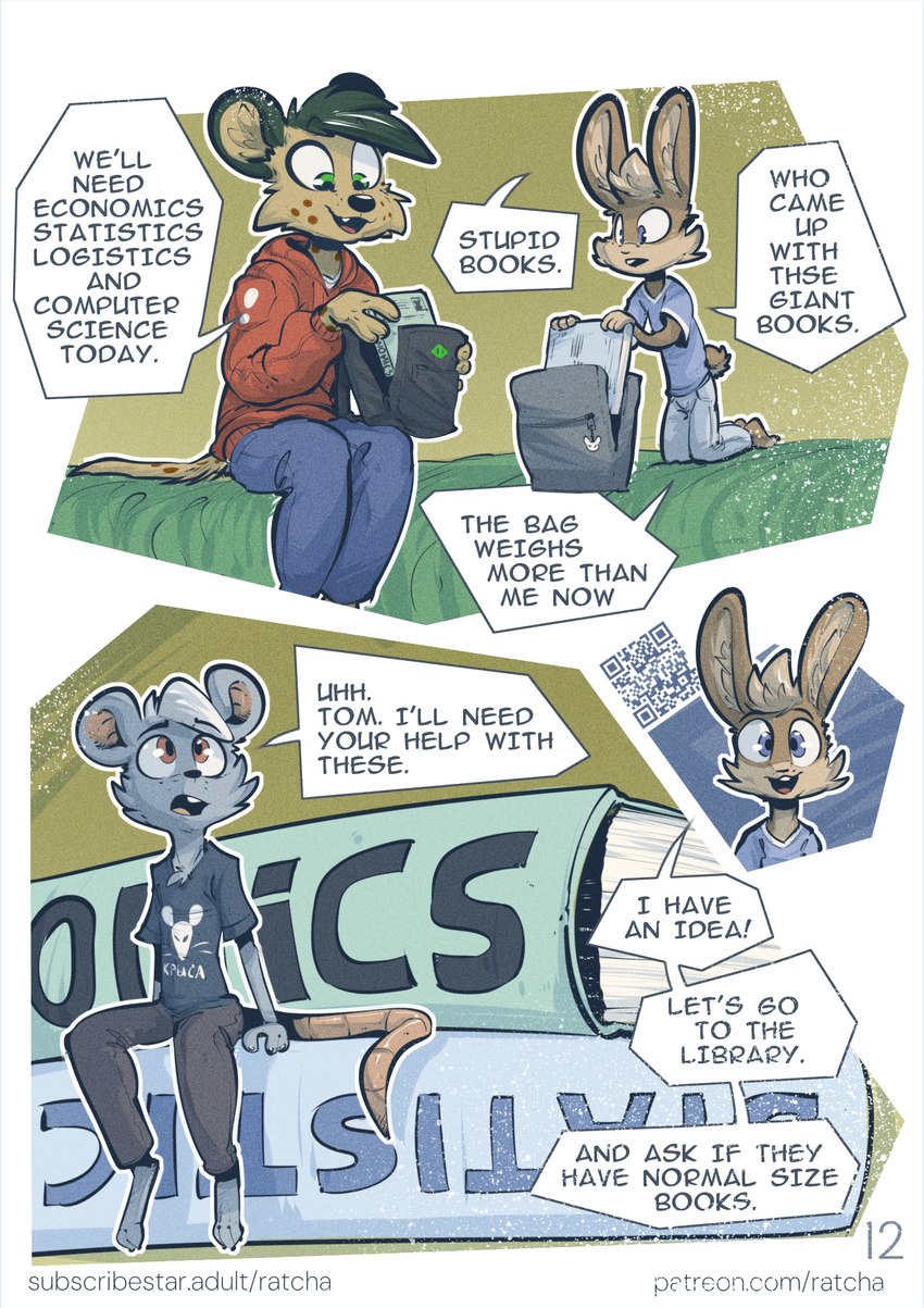 anthro backpack book clothed clothing college dialogue group male qr_code school simple_background size_difference speech_bubble text topwear trio ratcha barry_jones_(ratcha) robin_(ratcha) thomas_(ratcha) hyena mammal rodent spotted_hyena comic digital_media_(artwork) english_text hi_res url