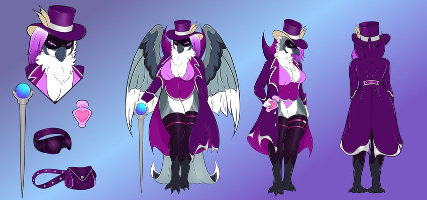 anthro avian_feet beak belly belt breasts cane claws clothed clothing coat costume cylinder eyewear feathered_wings feathers feet female hair hat hat_feather headgear headwear legwear looking_at_viewer loose_feather perfume purple_clothing purple_eyes purple_hair ringleader simple_background solo stockings tail tail_feathers thick_thighs toe_claws toes topwear utility_belt vr_headset wide_hips wings vammatar avian bird absurd_res digital_media_(artwork) hi_res