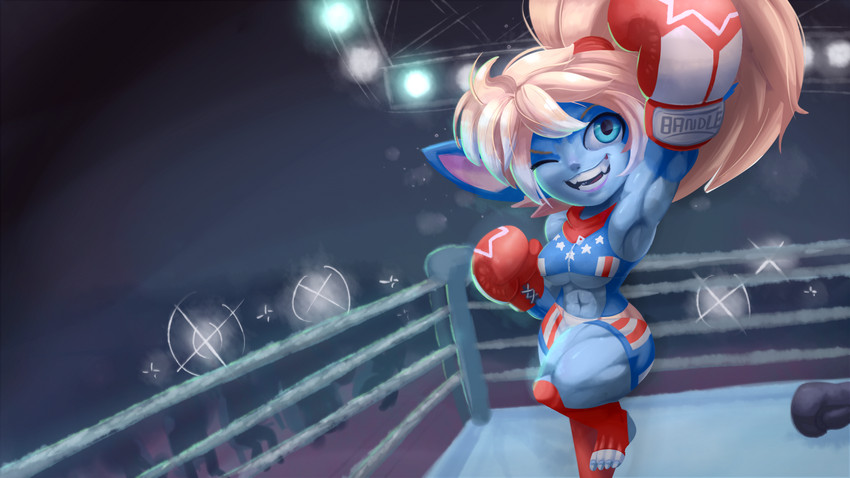 big_breasts big_butt blue_body blue_eyes bottomwear boxing_gloves breasts butt clothing female fighting_ring handwear humanoid_pointy_ears muscular muscular_female muscular_humanoid not_furry one_eye_closed open_mouth pigtails pointy_ears short_stack shorts smile solo thick_thighs tight_clothing under_boob wide_hips wink netto-painter league_of_legends riot_games tencent poppy_(lol) humanoid yordle 16:9 hi_res widescreen