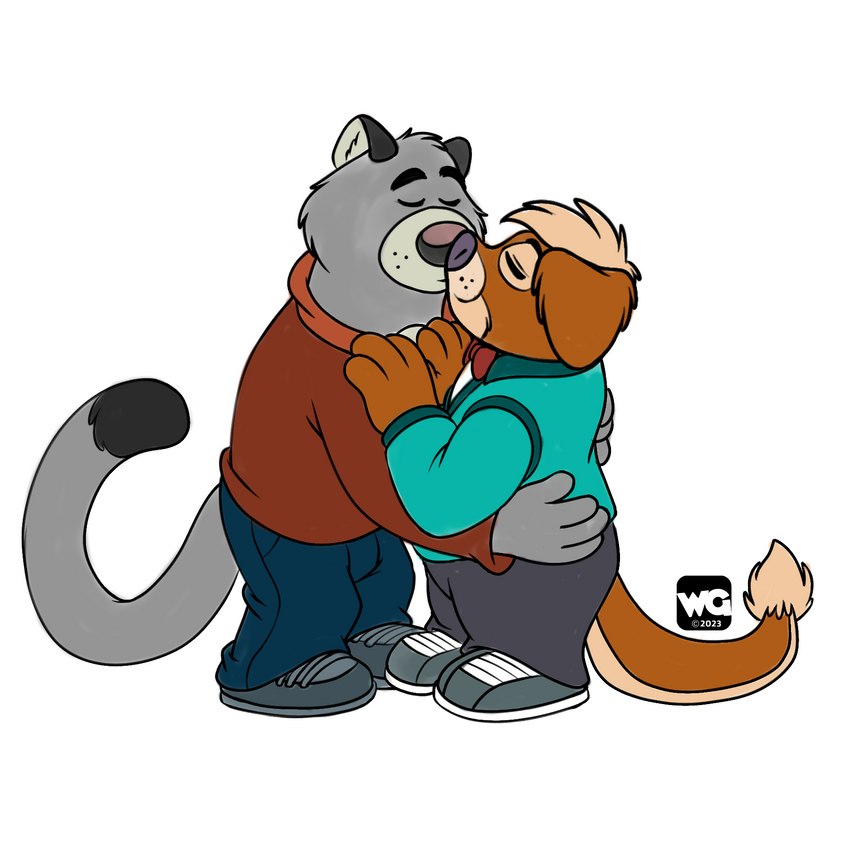 anthro bottomwear bow_tie brown_body clothing duo grey_body hoodie hug humanoid_hands kissing male male/male pants shirt simple_background topwear white_background hubie360 brok_the_investigator cowcat_games graff_filsh ott_(brok_the_investigator) domestic_cat felid feline felis hybrid mammal mustelid otter suid suina warthog 1:1 2023 hi_res