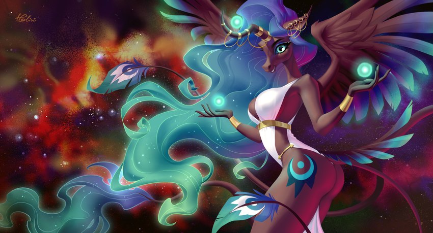 anthro bracelet breasts butt cleavage clothed clothing cutie_mark dress ear_piercing energy_ball ethereal_hair eyeshadow female glowing green_eyes hair horn horn_jewelry horn_ring jewelry long_hair long_tail magic magic_ball makeup nebula orb piercing purple_eyeshadow ring_(jewelry) solo space sparkles tail wings holivi hasbro my_little_pony mythology fan_character equid equine mammal mythological_creature mythological_equine winged_unicorn absurd_res digital_media_(artwork) hi_res