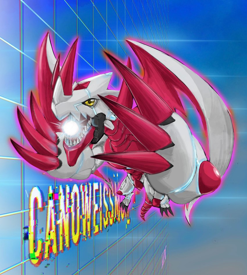 anthro claws energy flying male solo tail text white_body wings yellow_eyes mas_square bandai_namco digimon digimon_ghost_game mythology canoweissmon digimon_(species) dragon mythological_creature mythological_scalie scalie english_text hi_res