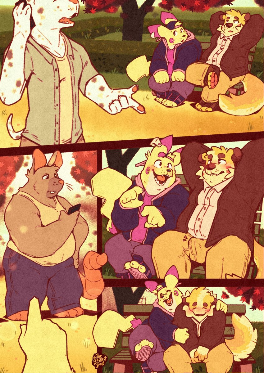 anthro blush bulge clothing crossbar_emanata detailed_background duo emanata erection laugh male male/male public slightly_chubby smile thezestiestbone nintendo pokemon zesty_(zestibone) canid canine canis domestic_dog generation_1_pokemon mammal pikachu pokemon_(species) rodent hi_res