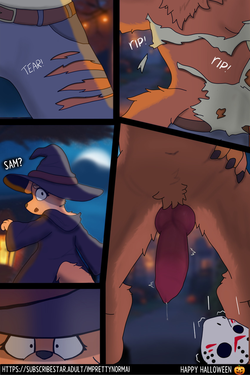 anthro bodily_fluids clothed clothing costume dripping duo female fur genital_fluids genitals halloween_costume hat headgear headwear hockey_mask holiday_message holidays light male male/female mask moonlight nervous night nude open_mouth penis precum precum_drip scared simple_background sports_mask sportswear text throbbing throbbing_penis torn_clothing transformation witch_costume witch_hat young young_anthro imprettynormai halloween erin_(imprettynormai) sam_(imprettynormai) canid canine mammal werecanid werecanine werecreature 2:3 absurd_res english_text hi_res brother_(lore) brother_and_sister_(lore) sibling_(lore) sister_(lore)