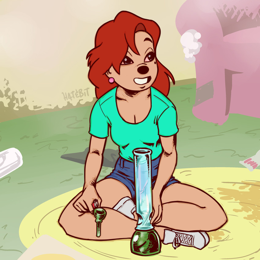 anthro bong bottomwear breasts cleavage clothed clothing crossed_legs drugs female fully_clothed hair marijuana markings mole_(marking) red_hair red_sclera shorts sitting smoking_pipe solo stoned substance_intoxication hatebit disney goof_troop roxanne_rover canid canine canis domestic_dog mammal 1:1