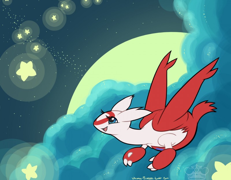 3_fingers blue_eyes claws eyelashes female feral fingers flying happy moon night open_mouth outside solo space star text wings whimsydreams nintendo pokemon latiass_(character) generation_3_pokemon latias legendary_pokemon pokemon_(species) 2014 hi_res url watermark