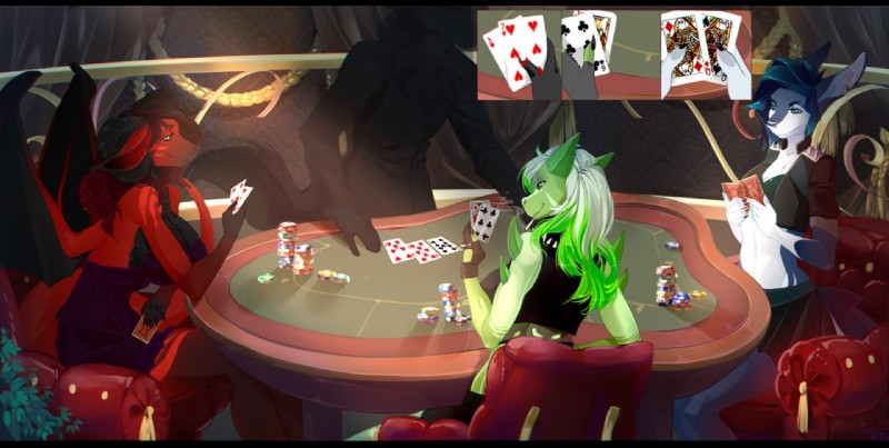 ambiguous_gender anthro black_bars card clothed clothing eight_of_hearts female fur group hair jack_of_diamonds male membrane_(anatomy) membranous_wings nine_of_spades poker queen_of_diamonds queen_of_spades seven_of_hearts sitting six_of_clubs smile tail three_of_hearts wings ltshiroi mythology ameliawhirled canid canine dragon mammal mythological_creature mythological_scalie scalie digital_media_(artwork) letterbox shaded