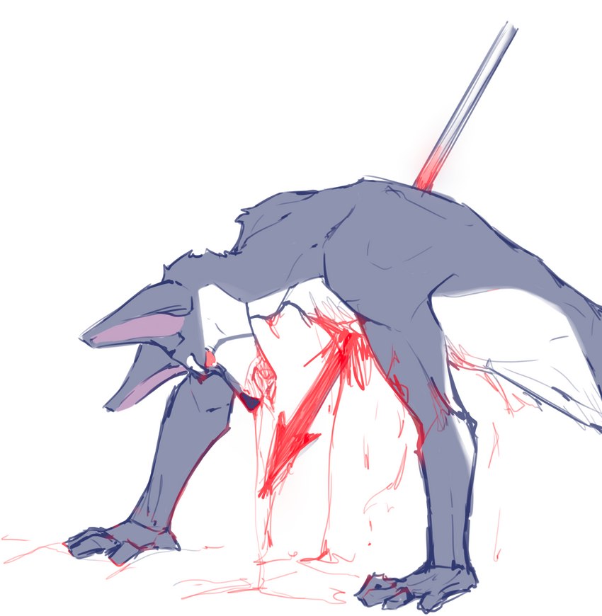 anthro black_nose blood bodily_fluids dying fur gore male nude solo violence wounded mozeeeeeeeee canid canine canis domestic_dog mammal wolf hi_res