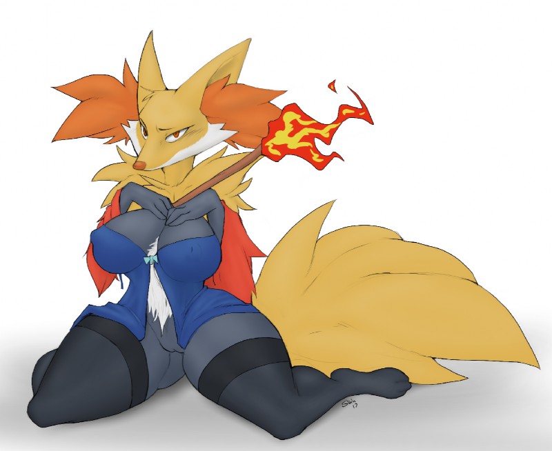 anthro breasts clothing female fire genitals lingerie nipples pussy solo third-party_edit yogoat nintendo pokemon fan_character minx_lyra canid canine delphox generation_6_pokemon mammal pokemon_(species) 2017 digital_media_(artwork)