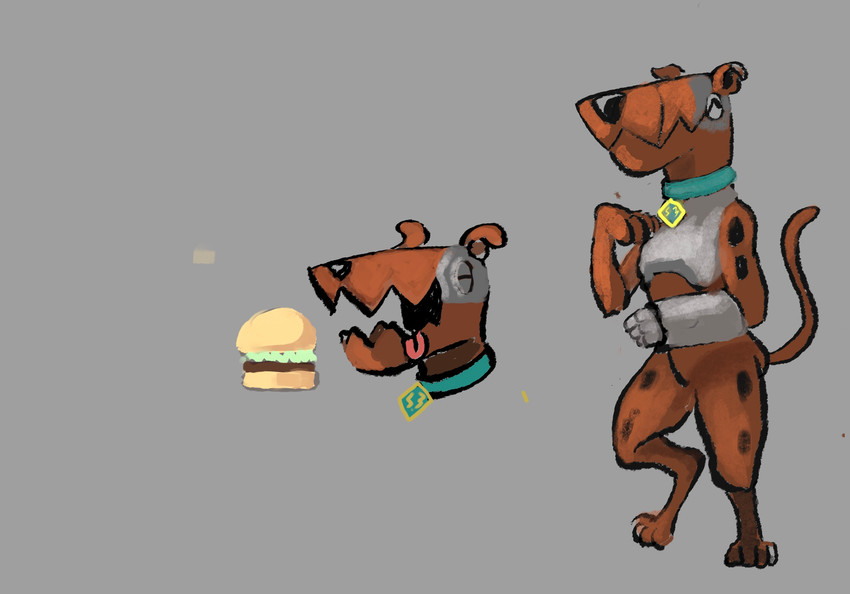 burger clothed clothing collar cybernetic_arm cybernetic_limb cybernetics eyes_closed feral food machine male open_mouth partially_clothed solo nowakai hanna-barbera scooby-doo_(series) scooby-doo canid canine mammal subw00fer_(species) hi_res