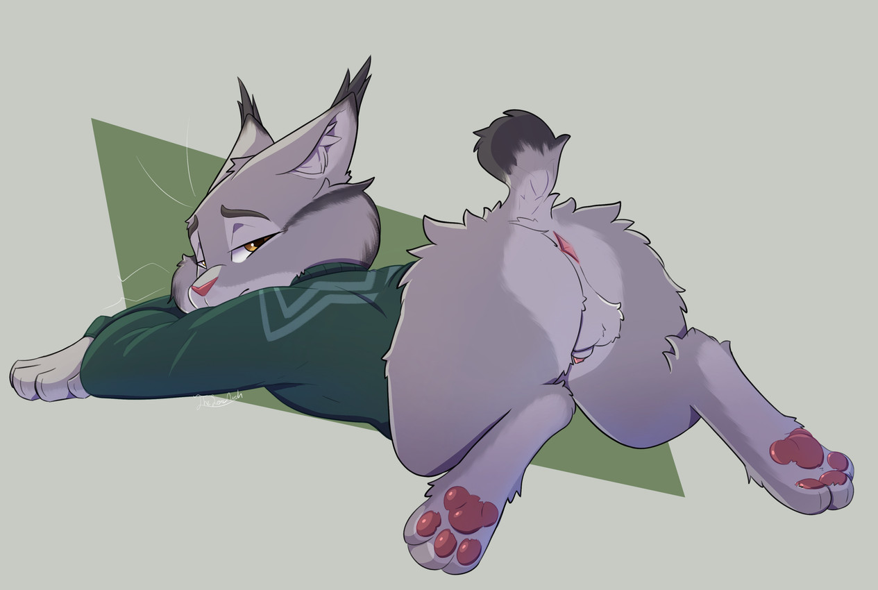 animal_genitalia animal_penis anthro anus balls butt cheek_tuft clothing ears_back eyebrows facial_tuft feline_genitalia feline_penis fluffy_balls fluffy_body fluffy_butt fur genitals green_clothing green_sweater green_topwear grey_body grey_fur half-closed_eyes looking_at_viewer looking_back male narrowed_eyes pattern_clothing pawpads paws peeking_penis penis perineum pink_nose pink_pawpads pivoted_ears presenting presenting_anus presenting_balls presenting_hindquarters presenting_perineum raised_tail short_tail simple_background solo striped_clothing stripes sweater tail topwear tuft whiskers white_body white_fur yellow_eyes thelonearch disney zootopia pawbert_lynxley canada_lynx felid feline lynx mammal absurd_res hi_res watermark