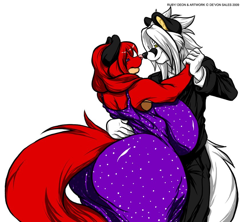 anthro big_breasts big_butt breasts butt clothed clothing dancing dress female fur hair huge_breasts male markings mole_(marking) red_body red_fur red_hair simple_background suit thick_thighs white_background white_body white_fur white_hair yellow_eyes deonwolf deon_(deonwolf) ruby_(deonwolf) canid canine canis fox mammal wolf 2009 digital_media_(artwork)