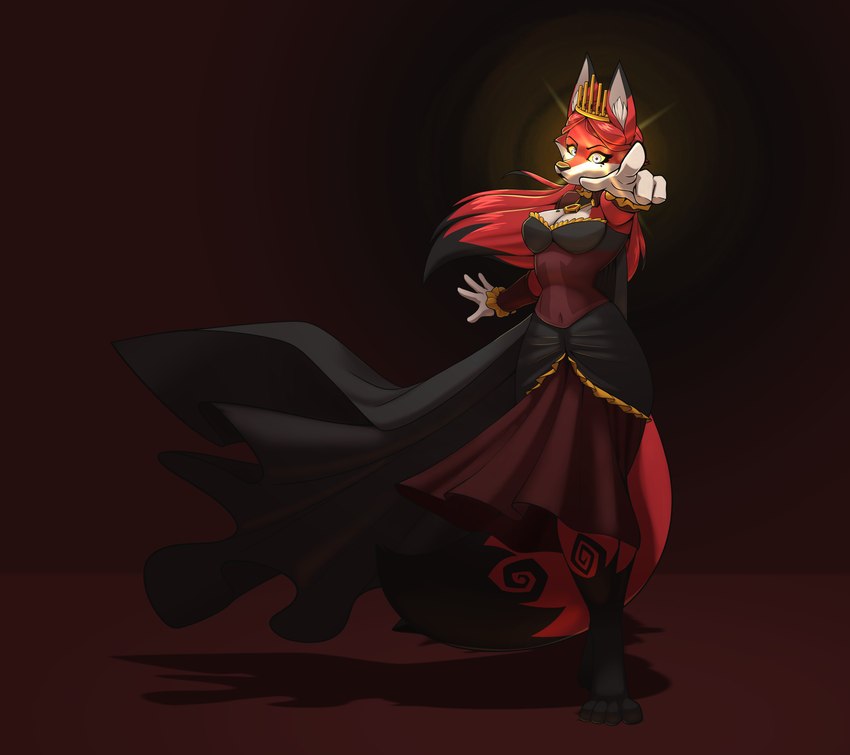 anthro cape choker clothing crown dress female gesture gloves glowing glowing_eyes hair hand_gesture handwear headgear jewelry long_hair necklace pointing pointing_at_viewer queen royalty shoeless solo yellow_eyes ffccomic foxy_flavored_cookie queen_melliza canid canine fox mammal red_fox true_fox absurd_res hi_res