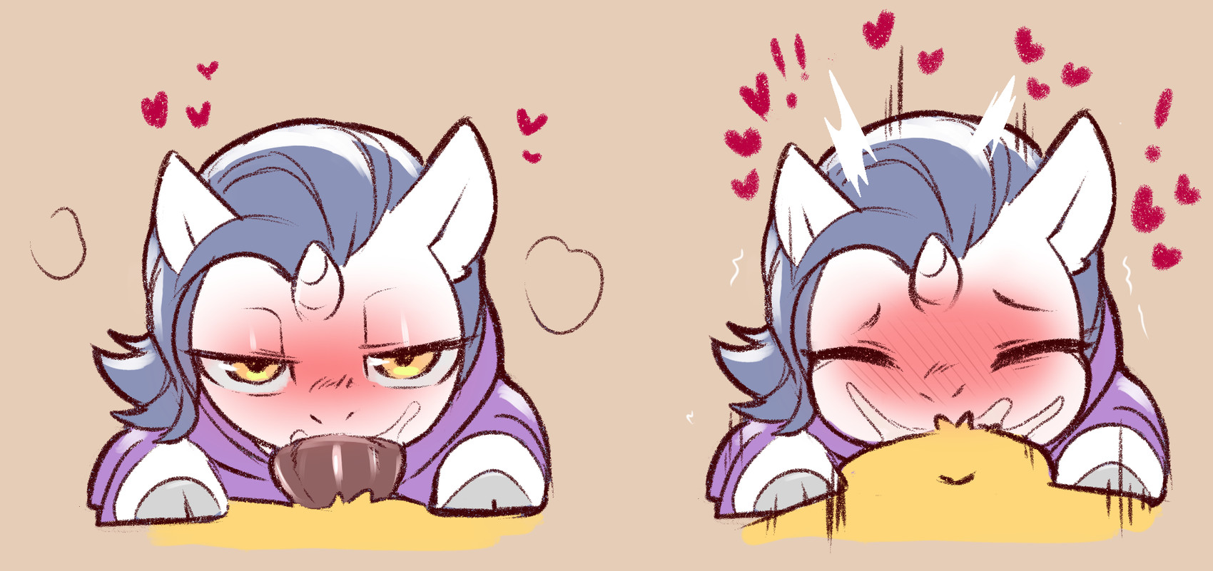 animal_genitalia animal_penis anthro blush blush_lines bodily_fluids clothing deep_throat duo equine_genitalia equine_penis exclamation_point eyes_closed fellatio first_person_view fur genital_fluids genitals grey_hair grey_hooves grey_mane hair heart_symbol hearts_around_head hoodie hooves horn hybrid_genitalia hybrid_penis intersex intersex/male knot knotted_equine_penis knotted_penis knotting looking_at_viewer male mane narrowed_eyes navel oral oral_knotting oral_penetration penetration penile penis penis_in_mouth purple_clothing purple_hoodie purple_topwear saliva sex simple_background steam tan_background thrust_lines topwear tremble_lines white_body white_fur yellow_eyes cold-blooded-twilight hasbro my_little_pony mythology fan_character jelly_(oc) yodi_(oc) bat_pony equid equine mammal mythological_creature mythological_equine unicorn 2023 hi_res