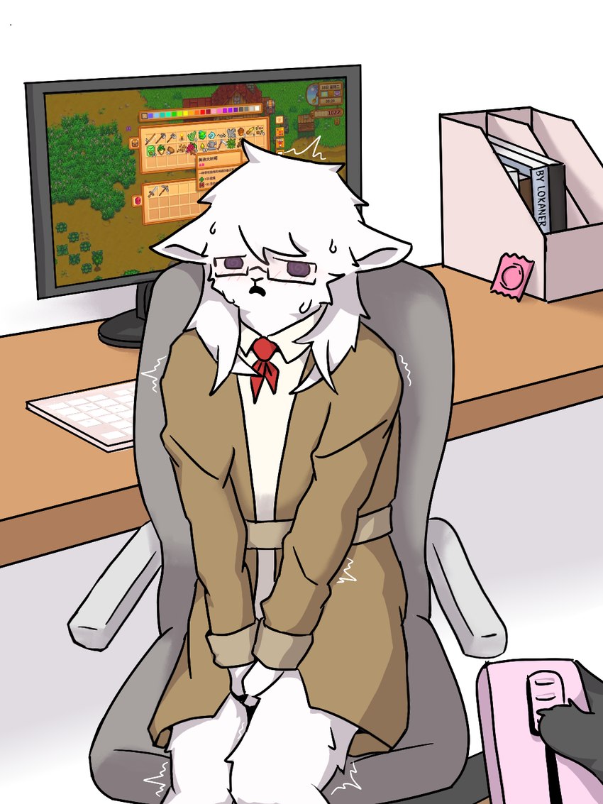 anthro blush brown_clothing brown_topwear chair clothed clothing coat computer condom controller detailed_background electronics eyewear female fur furniture glasses kemono keyboard linyue_(lokaner) office_chair raised_clothing raised_topwear red_face sexual_barrier_device solo topwear white_body white_fur lokaner bovid caprine mammal sheep hi_res