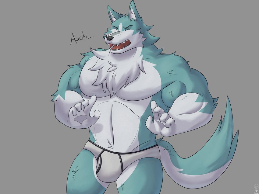 anthro black_seam_briefs blue_body blue_fur briefs clothing fur male muscular muscular_male simple_background sneeze solo underwear donttouchmylasagna brand_new_animal studio_trigger shirou_ogami canid canine canis mammal wolf 4:3 hi_res