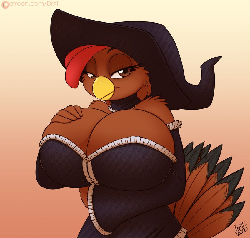 anthro beak big_breasts breasts brown_body brown_feathers clothed clothing feathers female hat headgear headwear holidays huge_breasts looking_at_viewer non-mammal_breasts solo witch_costume witch_hat drxii halloween ruthie_(grimmagent) avian bird chicken galliform gallus_(genus) phasianid rhode_island_red digital_media_(artwork) hi_res