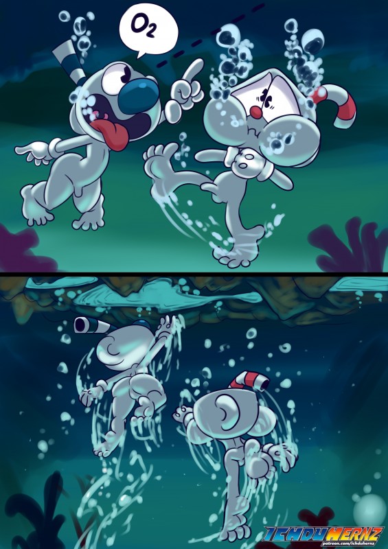 asphyxiation bubble choking drowning duo genitals holding_breath male penis puffed_cheeks swimming underwater water ichduhernz cuphead_(game) cuphead_(character) mugman absurd_res hi_res pictographics